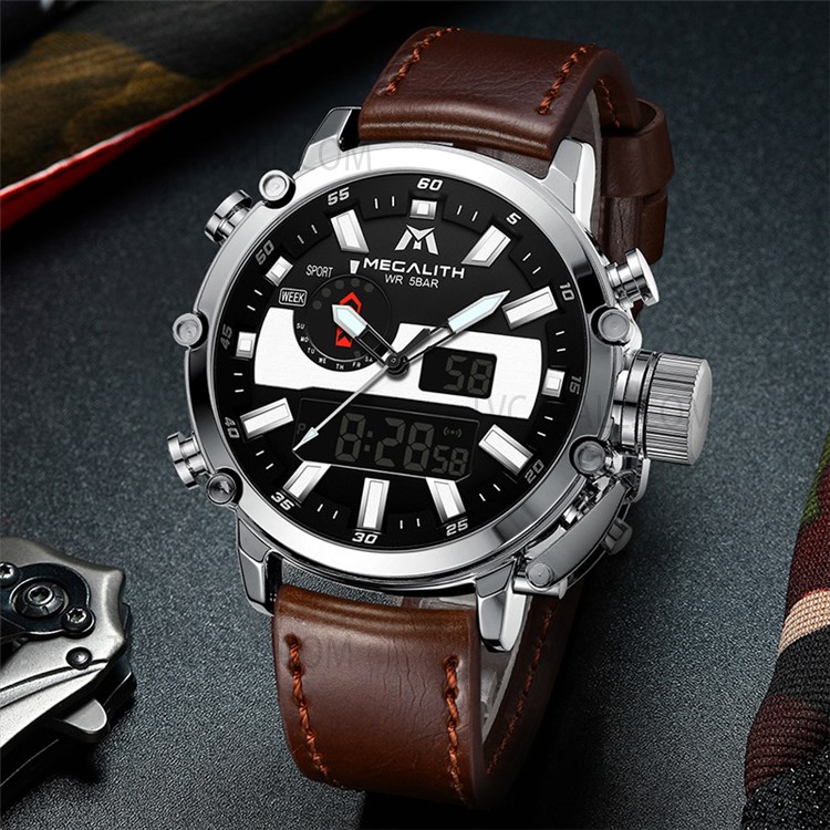MEGALITH 8229 Luminous Quartz Watches Anti-knock 5ATM Waterproof Business Digital Watch with LED Display/Leather Strap for Men - Brown/Silver-9