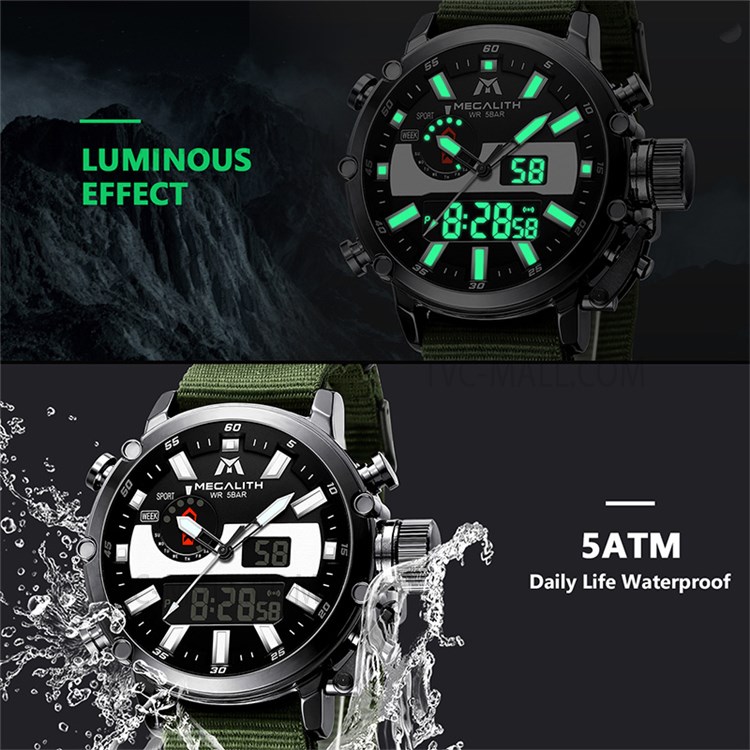 MEGALITH 8229 5ATM Waterproof Business Watch Luminous Quartz Watches Men Digital Watch with Nylon Strap - Green/Black-5