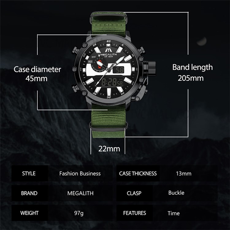 MEGALITH 8229 5ATM Waterproof Business Watch Luminous Quartz Watches Men Digital Watch with Nylon Strap - Green/Black-8