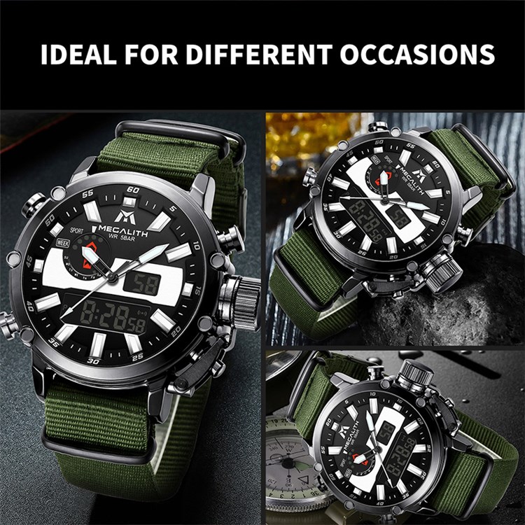 MEGALITH 8229 5ATM Waterproof Business Watch Luminous Quartz Watches Men Digital Watch with Nylon Strap - Green/Black-9