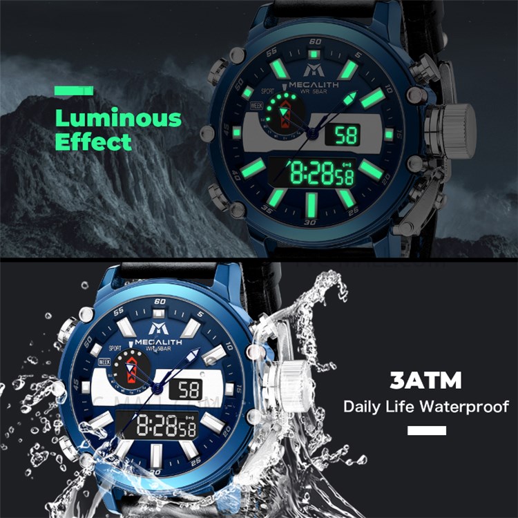 MEGALITH 8229 Luminous Quartz Watches Anti-knock Digital Watch with 3ATM Waterproof Feature/Leather Strap for Men - Black/Blue-5