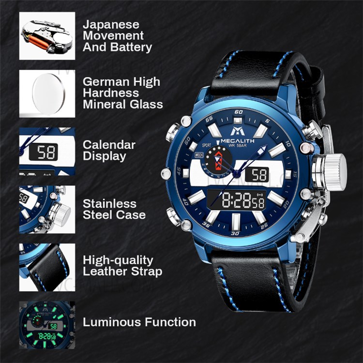 MEGALITH 8229 Luminous Quartz Watches Anti-knock Digital Watch with 3ATM Waterproof Feature/Leather Strap for Men - Black/Blue-6