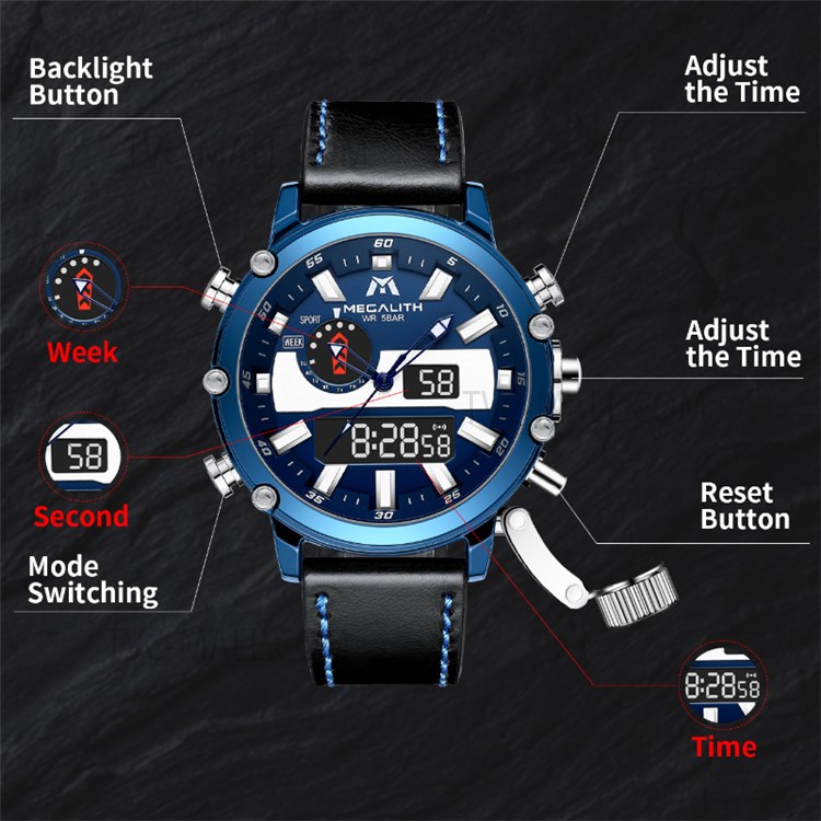 MEGALITH 8229 Luminous Quartz Watches Anti-knock Digital Watch with 3ATM Waterproof Feature/Leather Strap for Men - Black/Blue-7