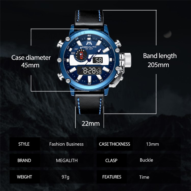 MEGALITH 8229 Luminous Quartz Watches Anti-knock Digital Watch with 3ATM Waterproof Feature/Leather Strap for Men - Black/Blue-8