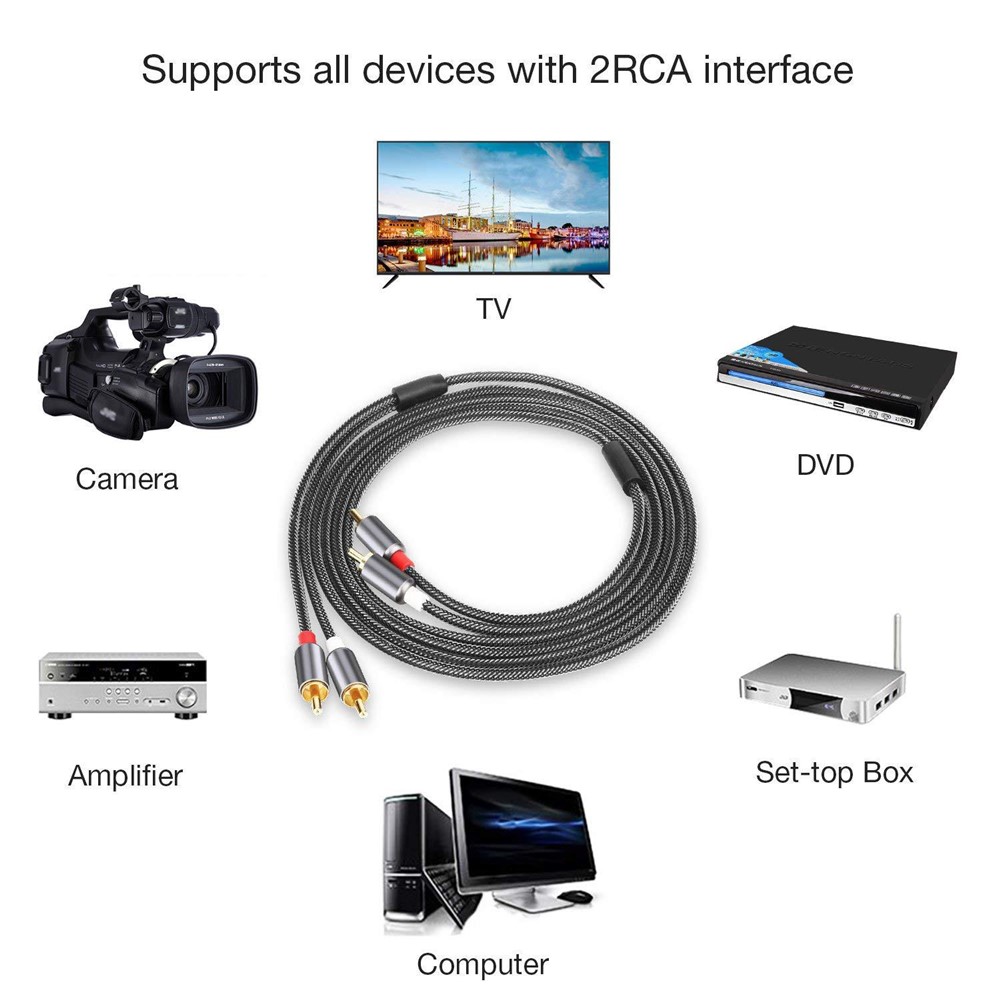 2m Dual RCA to Dual RCA Jack Audio Video Signals Connection Cable Braided Cord for TV DVD Amplifier-2