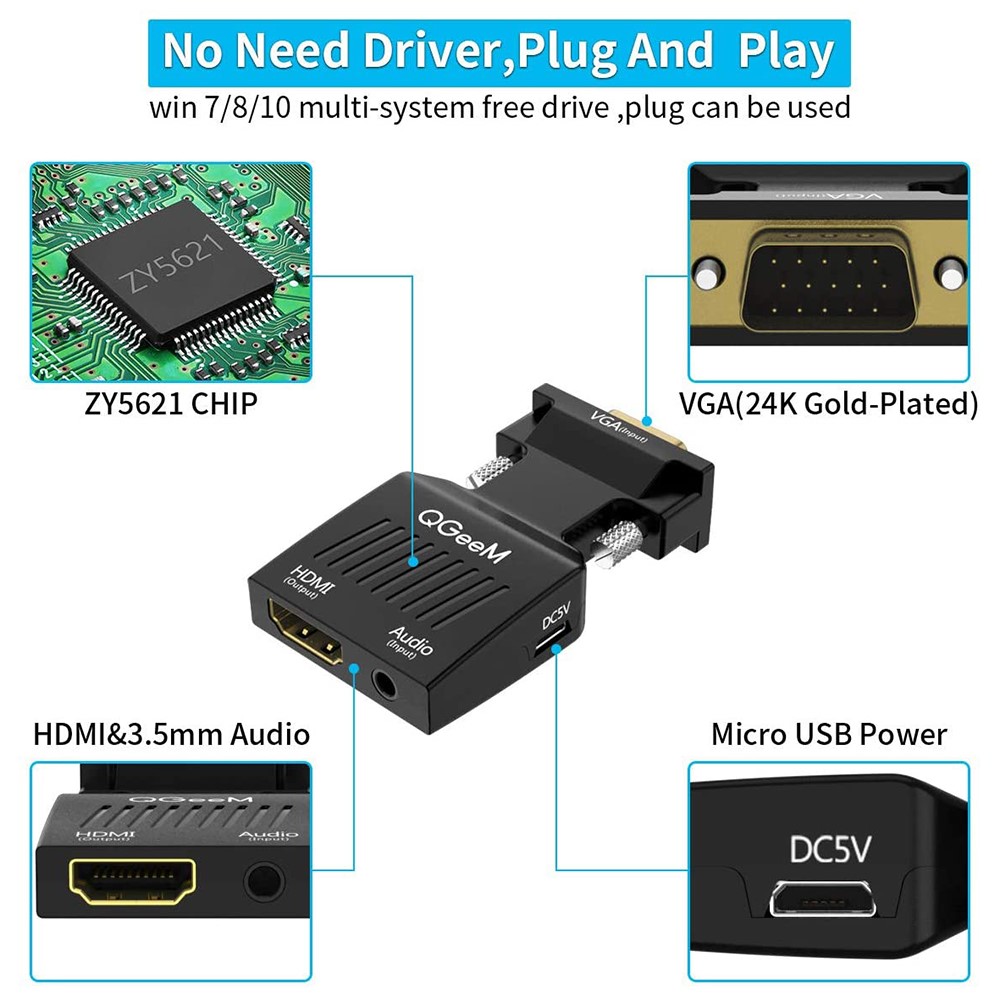 QGEEM QG-HD12 VGA Male to HDMI Female Converter VGA to HDMI Adapter with 3.5mm Audio Jack Support PD Charging Audio Transmission 1080P/60Hz-6