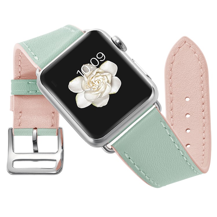 Women Style Genuine Leather Watch Band Strap for Apple Watch Series 5 4 44mm / Series 3 2 1 42mm - Green/Pink-5