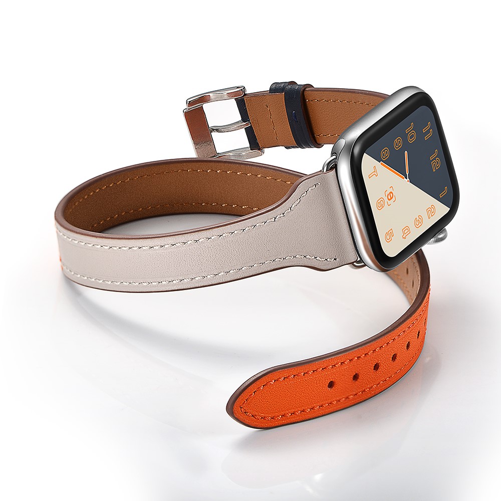 Bi-colored Dual-circle Design Genuine Leather Replacement Watch Strap for Apple Watch Series 1/2/3 42mm / Series 4/5 44mm - Orange+Dark Blue+White-11