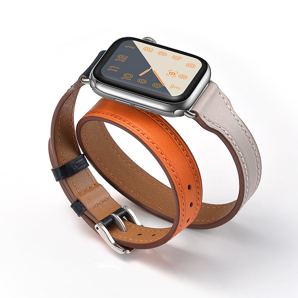 Bi-colored Dual-circle Design Genuine Leather Replacement Watch Strap for Apple Watch Series 1/2/3 42mm / Series 4/5 44mm - Orange+Dark Blue+White-12