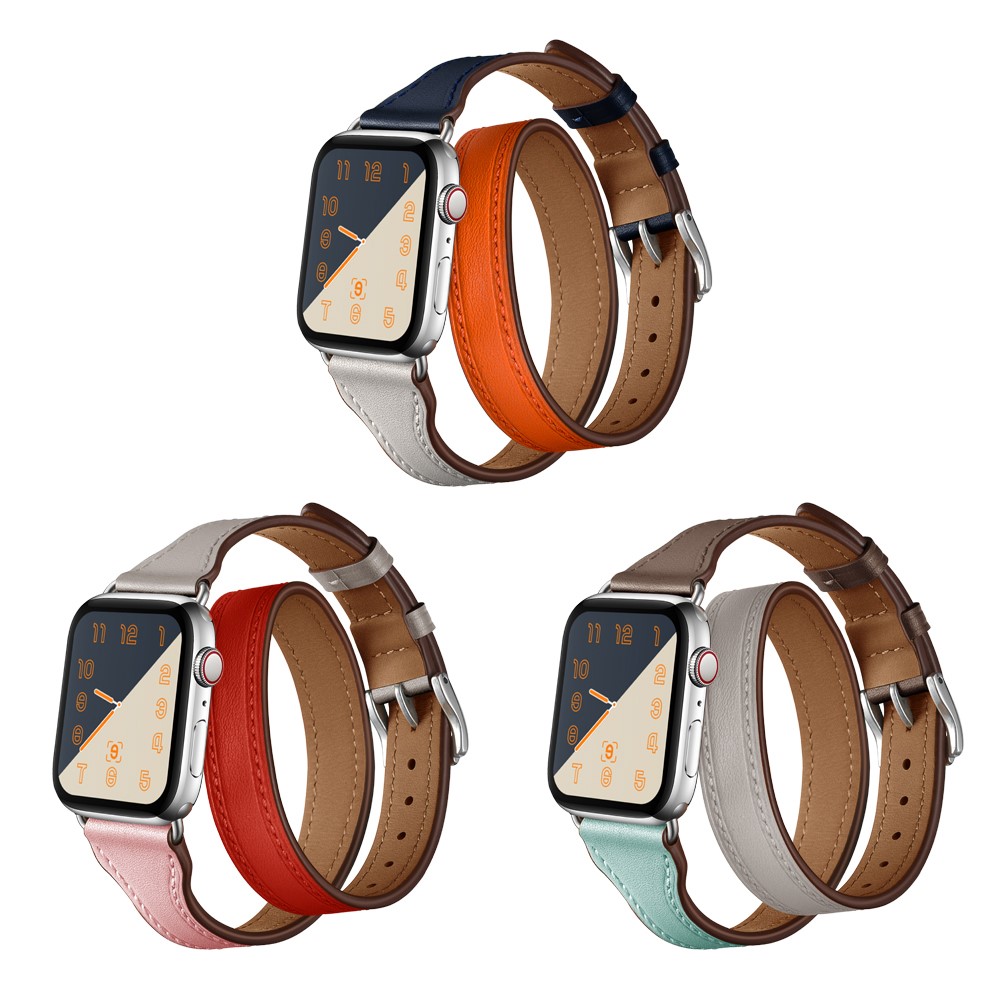 Bi-colored Dual-circle Design Genuine Leather Replacement Watch Strap for Apple Watch Series 1/2/3 42mm / Series 4/5 44mm - Orange+Dark Blue+White-16