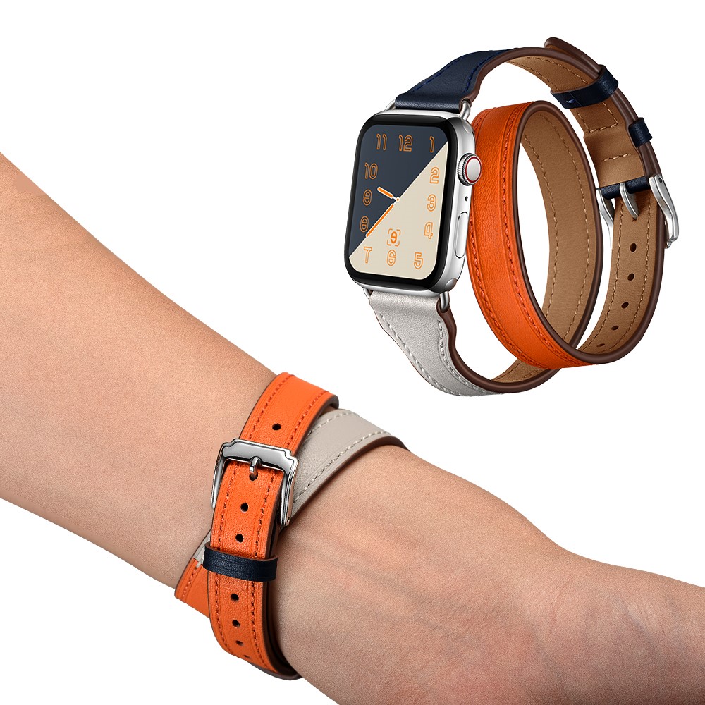 Bi-colored Dual-circle Design Genuine Leather Replacement Watch Strap for Apple Watch Series 1/2/3 42mm / Series 4/5 44mm - Orange+Dark Blue+White-2