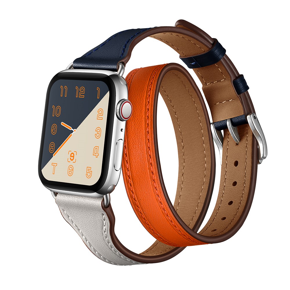 Bi-colored Dual-circle Design Genuine Leather Replacement Watch Strap for Apple Watch Series 1/2/3 42mm / Series 4/5 44mm - Orange+Dark Blue+White-3