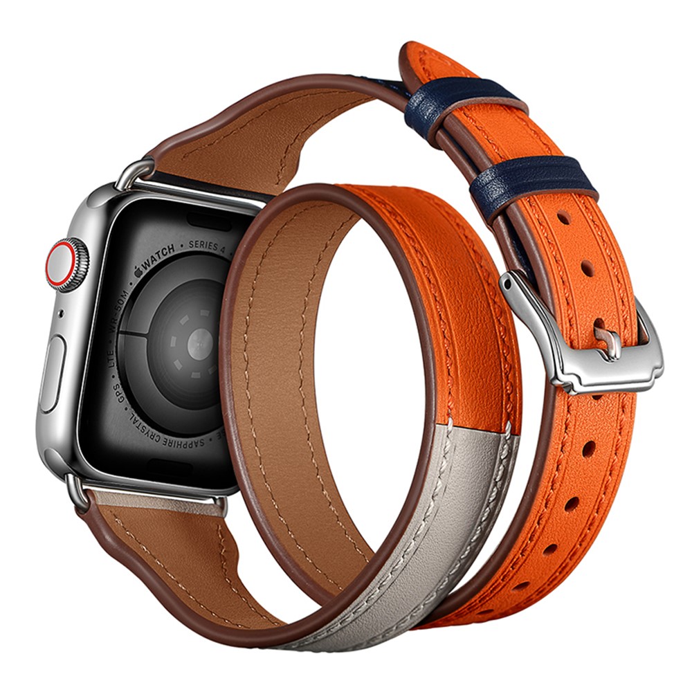 Bi-colored Dual-circle Design Genuine Leather Replacement Watch Strap for Apple Watch Series 1/2/3 42mm / Series 4/5 44mm - Orange+Dark Blue+White-8