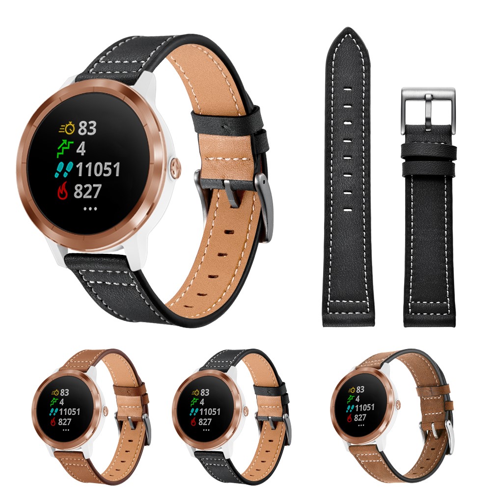 For Garmin Vivoactive 3/Vivomove HR Top-layer Cowhide Leather Silver Buckle Watch Strap 20mm - Black-14