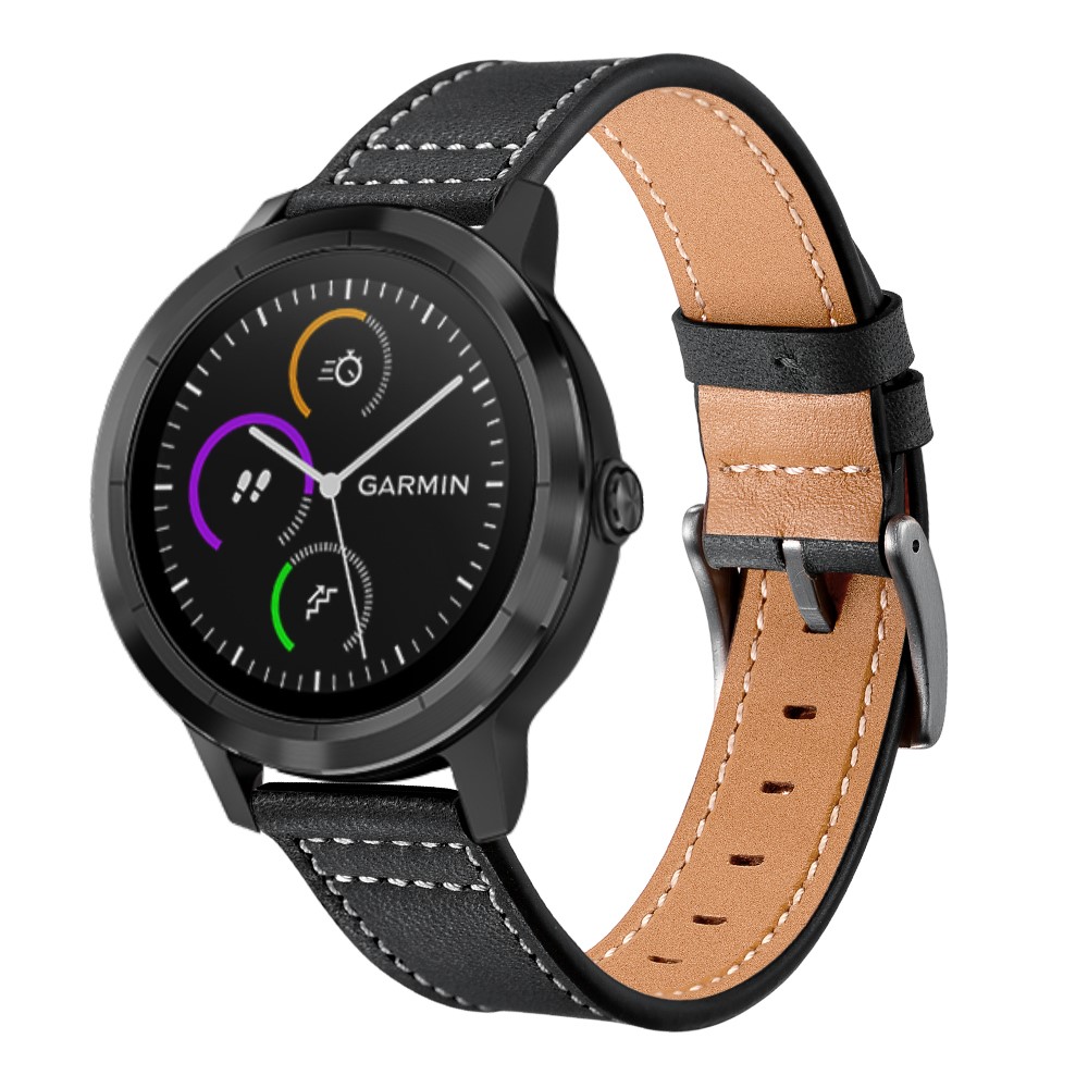 For Garmin Vivoactive 3/Vivomove HR Top-layer Cowhide Leather Silver Buckle Watch Strap - Black-2