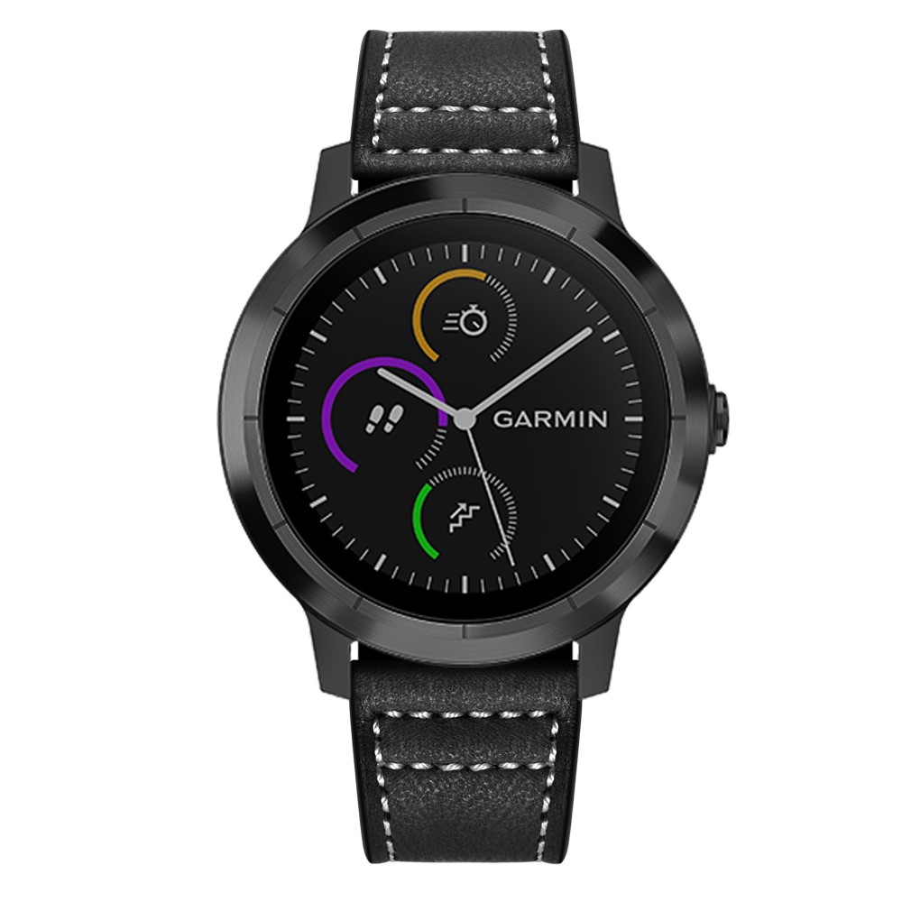 For Garmin Vivoactive 3/Vivomove HR Top-layer Cowhide Leather Silver Buckle Watch Strap - Black-4