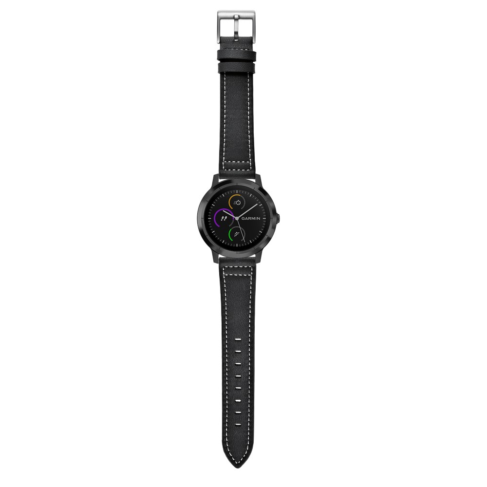 For Garmin Vivoactive 3/Vivomove HR Top-layer Cowhide Leather Silver Buckle Watch Strap - Black-5