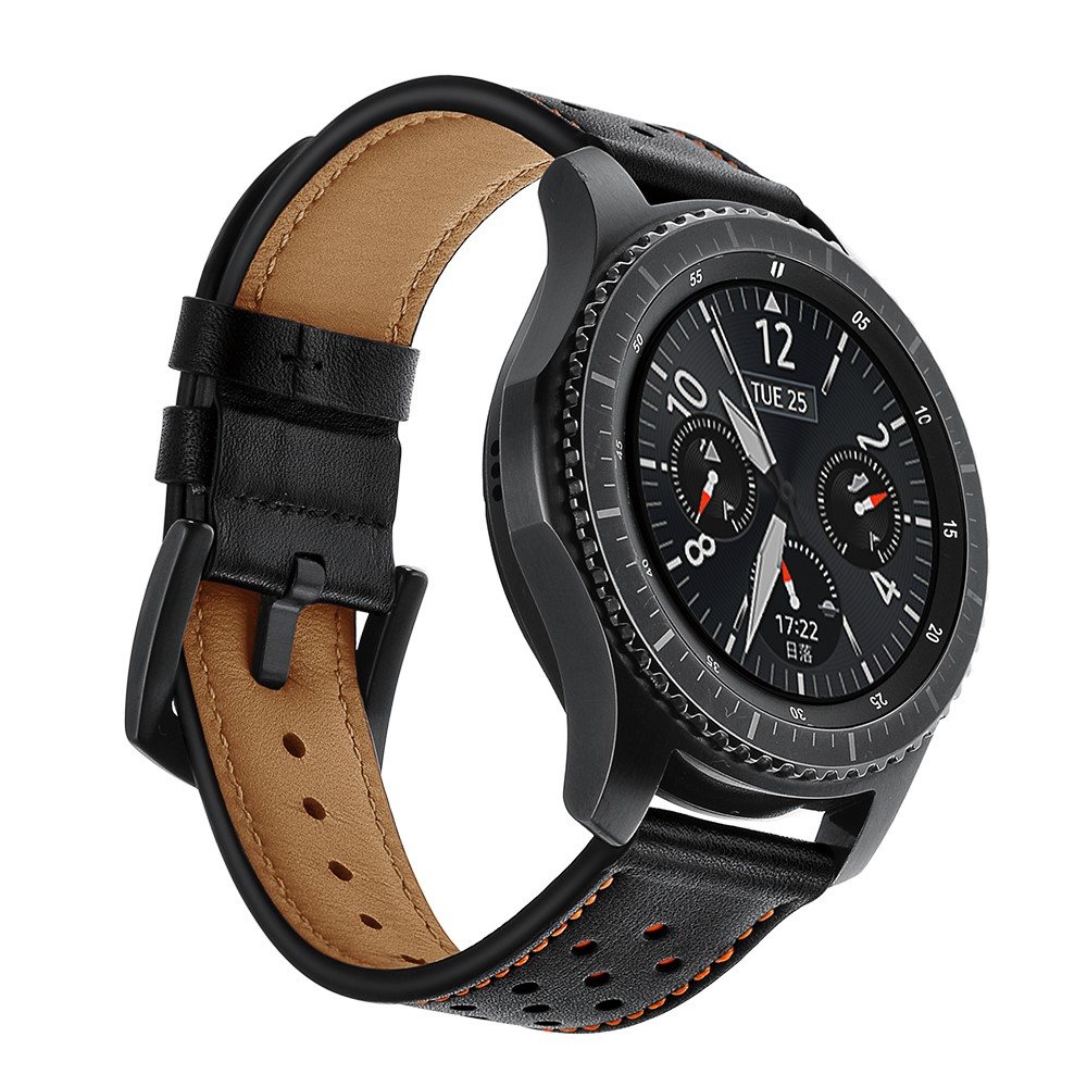 22mm Löcher Dekor Echtes Leder Smart Watch-Band Für Samsung-Gang S3 Classic / Frontier - Schwarz