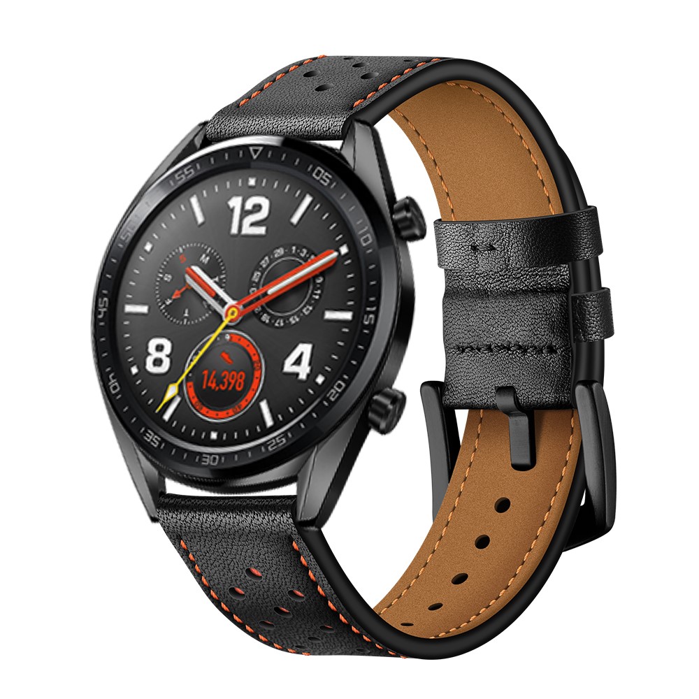 For Huawei Watch GT 22mm with Holes Cowhide Genuine Leather Watch Band - Black-10