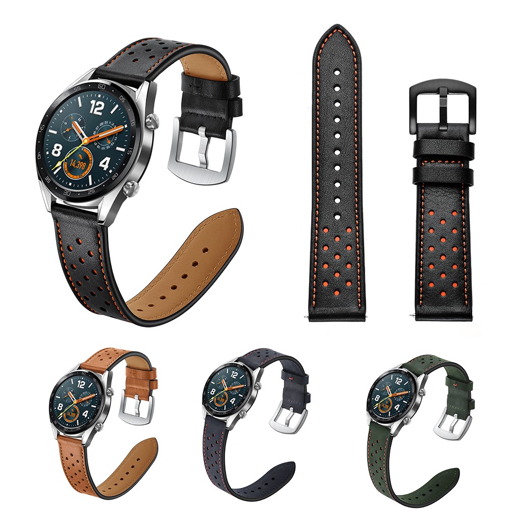 For Huawei Watch GT 22mm with Holes Cowhide Genuine Leather Watch Band - Black-9