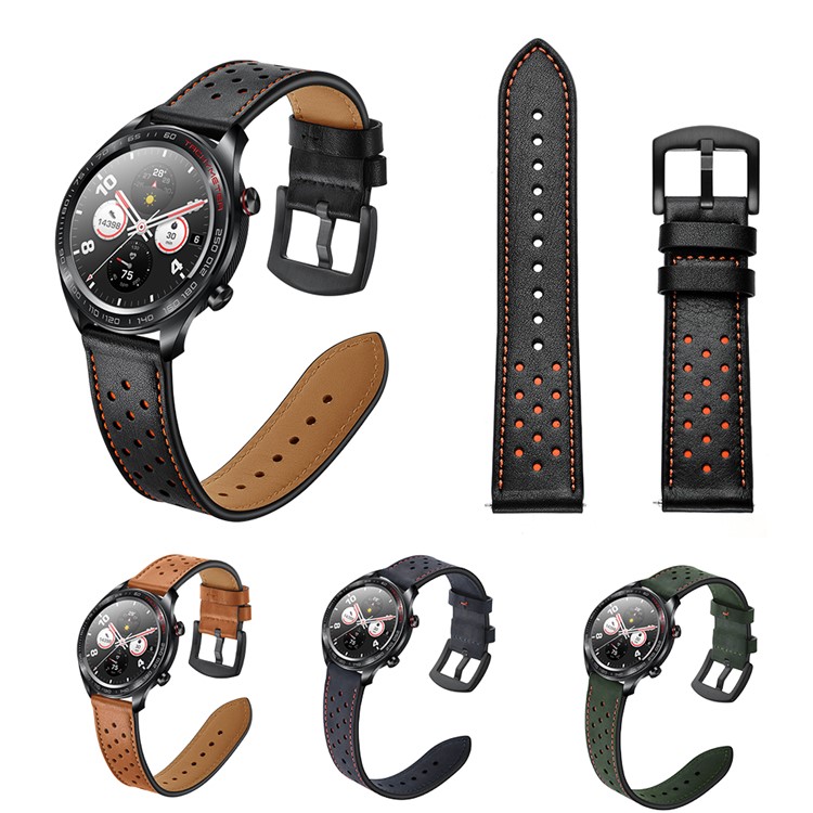 Holes Genuine Leather Watch Band Strap for Huawei Honor Magic Watch - Black-13