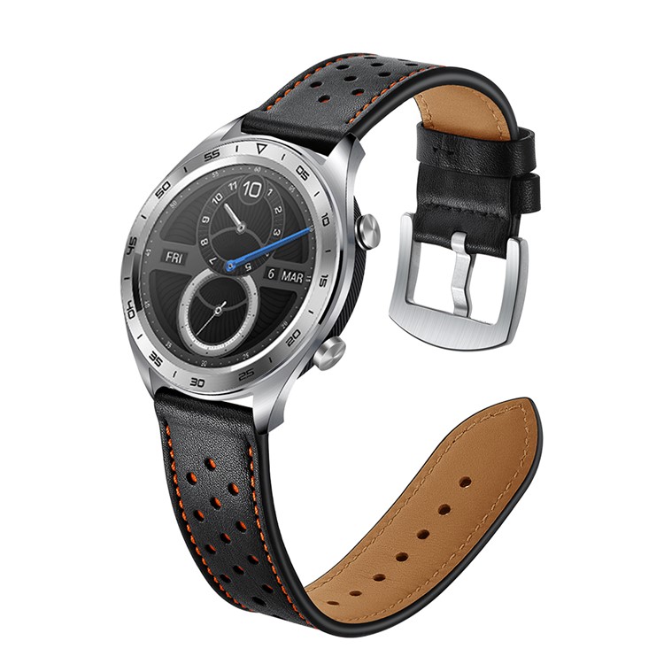 Holes Genuine Leather Watch Band Strap for Huawei Honor Magic Watch - Black-9