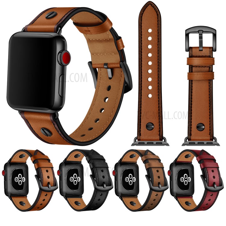 Rivet Decor Top Layer Genuine Leather Watch Strap Band for Apple Watch Series 1/2/3 38mm / Series 4/5 40mm - Black-13