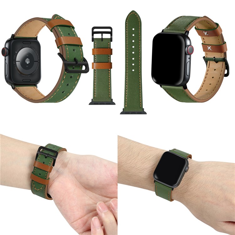 Fresh Contrast Color Genuine Leather Watch Strap for Apple Watch Series 5/4 40mm, Series 3/2/1 38mm - Green/Brown Line-2