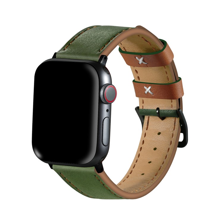 Fresh Contrast Color Genuine Leather Watch Strap for Apple Watch Series 5/4 40mm, Series 3/2/1 38mm - Green/Brown Line-6