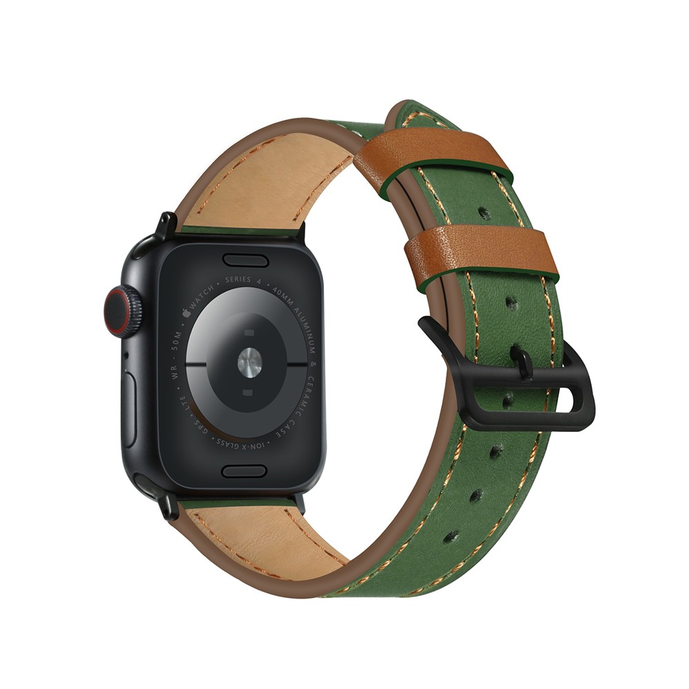 Fresh Contrast Color Genuine Leather Watch Strap for Apple Watch Series 5/4 44mm, Series 3/2/1 42mm - Green/Brown Line-1