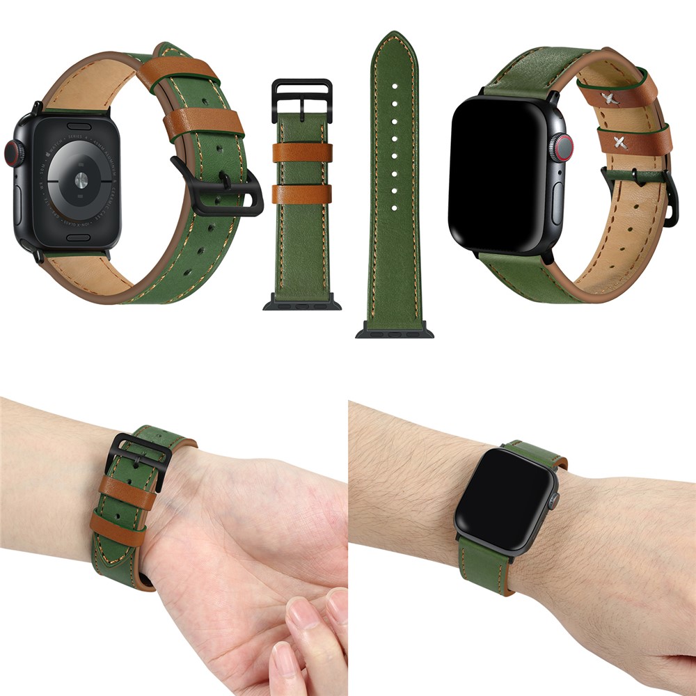 Fresh Contrast Color Genuine Leather Watch Strap for Apple Watch Series 5/4 44mm, Series 3/2/1 42mm - Green/Brown Line-2