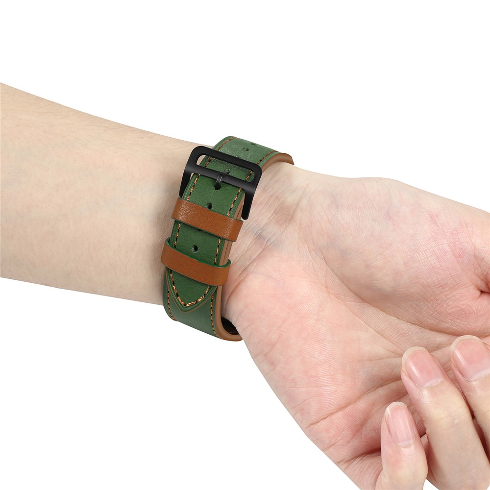 Fresh Contrast Color Genuine Leather Watch Strap for Apple Watch Series 5/4 44mm, Series 3/2/1 42mm - Green/Brown Line-4