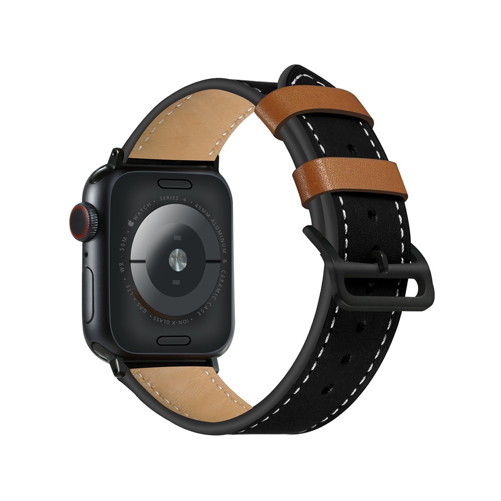 Fresh Contrast Color Genuine Leather Watch Strap for Apple Watch Series 5/4 44mm, Series 3/2/1 42mm - Black-1