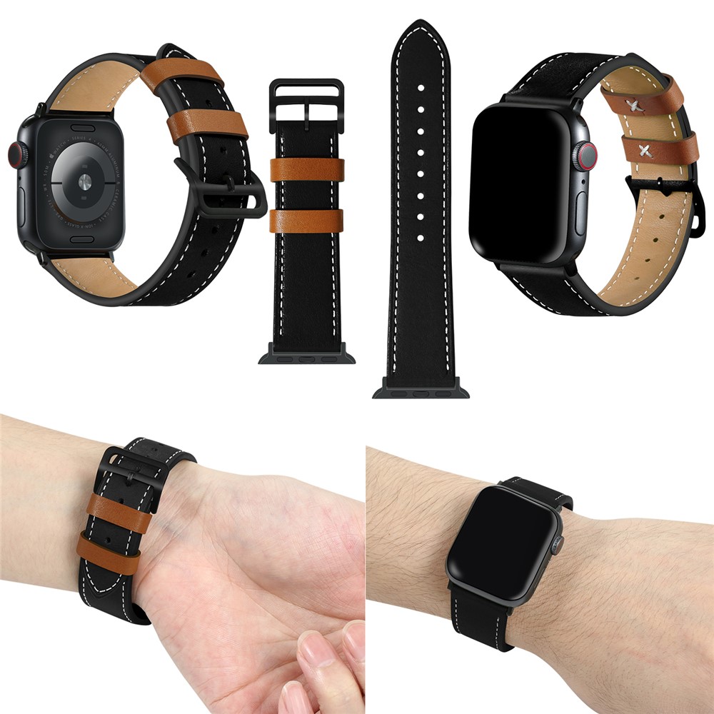 Fresh Contrast Color Genuine Leather Watch Strap for Apple Watch Series 5/4 44mm, Series 3/2/1 42mm - Black-2