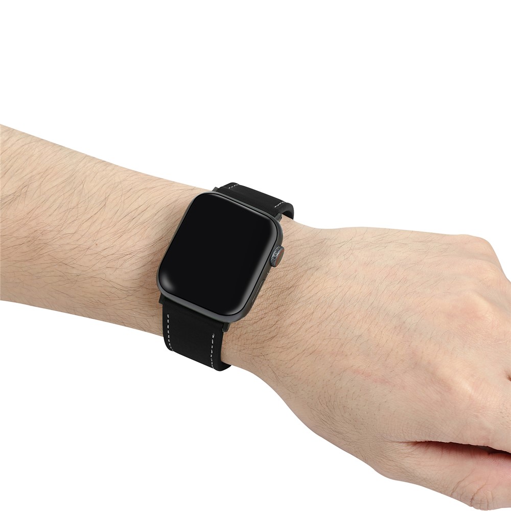 Fresh Contrast Color Genuine Leather Watch Strap for Apple Watch Series 5/4 44mm, Series 3/2/1 42mm - Black-3