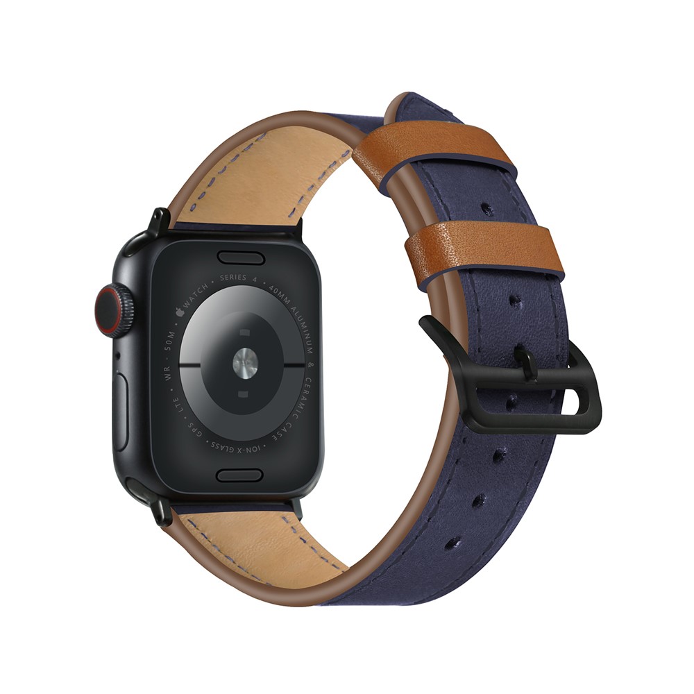 Fresh Contrast Color Genuine Leather Watch Strap for Apple Watch Series 5/4 44mm, Series 3/2/1 42mm - Sapphire Blue-1