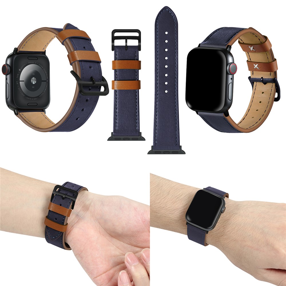 Fresh Contrast Color Genuine Leather Watch Strap for Apple Watch Series 5/4 44mm, Series 3/2/1 42mm - Sapphire Blue-2