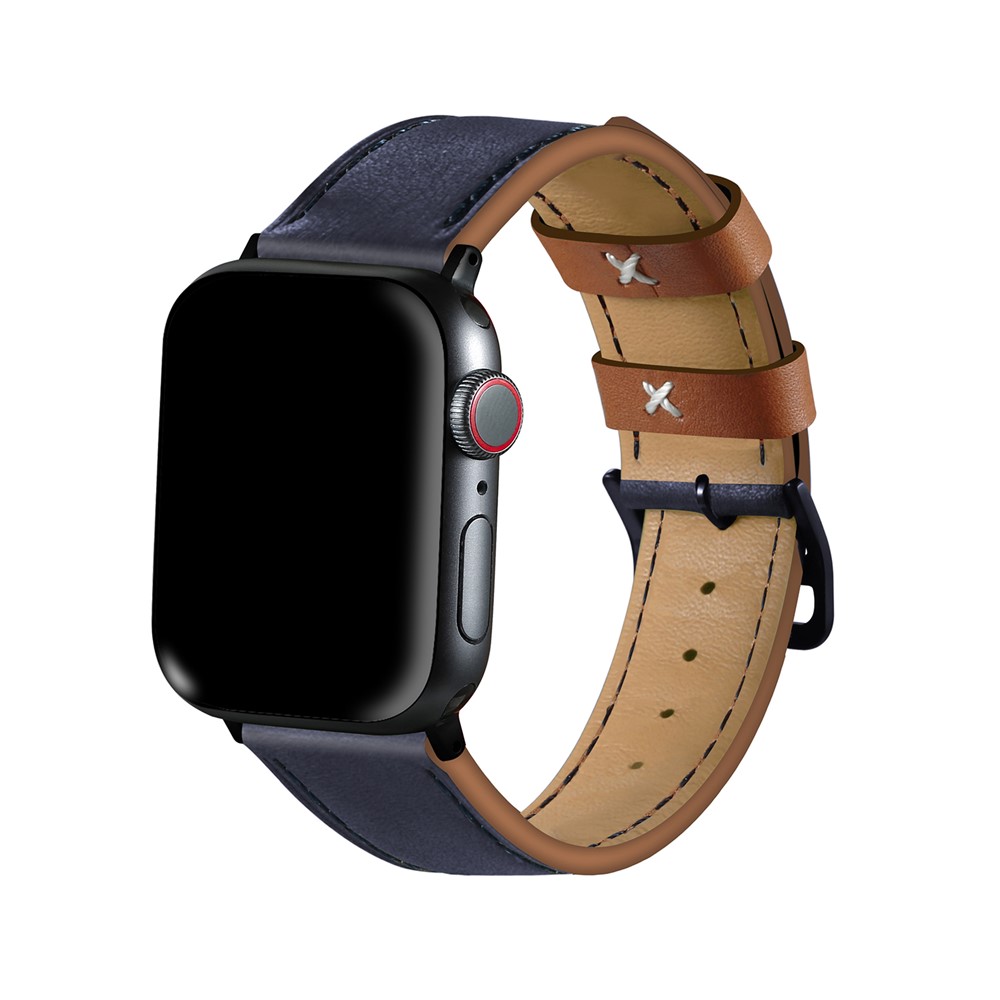 Fresh Contrast Color Genuine Leather Watch Strap for Apple Watch Series 5/4 44mm, Series 3/2/1 42mm - Sapphire Blue-6