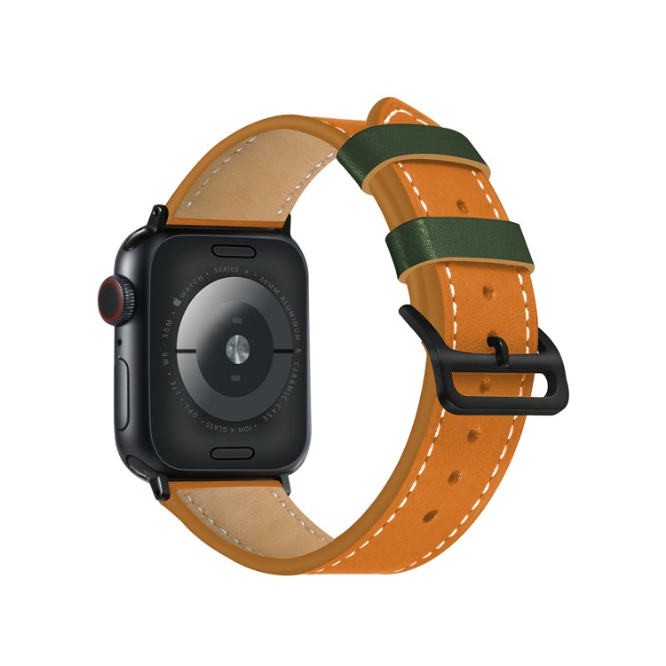 Fresh Contrast Color Genuine Leather Watch Strap for Apple Watch Series 5/4 44mm, Series 3/2/1 42mm - Orange-1