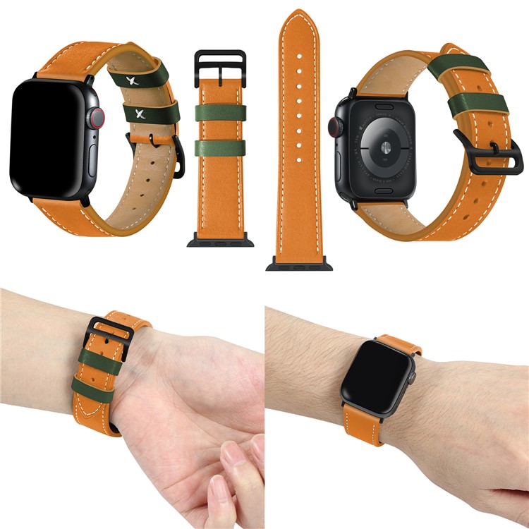Fresh Contrast Color Genuine Leather Watch Strap for Apple Watch Series 5/4 44mm, Series 3/2/1 42mm - Orange-2