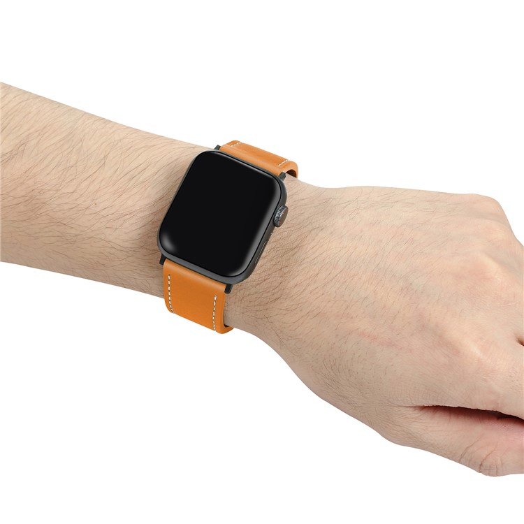 Fresh Contrast Color Genuine Leather Watch Strap for Apple Watch Series 5/4 44mm, Series 3/2/1 42mm - Orange-3