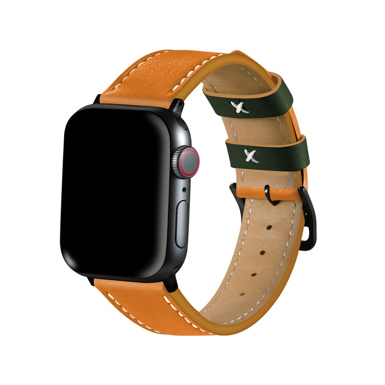 Fresh Contrast Color Genuine Leather Watch Strap for Apple Watch Series 5/4 44mm, Series 3/2/1 42mm - Orange-5