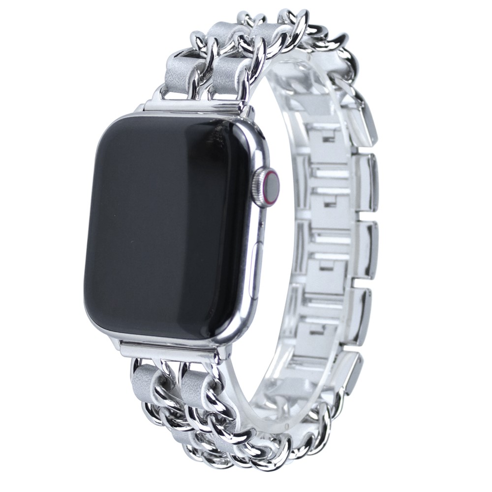 Metal + PU Leather Smart Watch Band Strap Replacement for Apple Watch Series 5/4/6/SE 40mm / Series 1/2/3 38mm - Silver-2