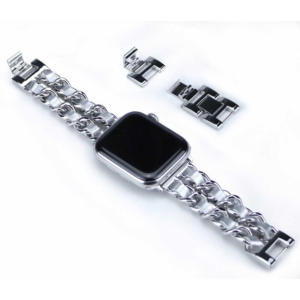 Metal + PU Leather Smart Watch Band Strap Replacement for Apple Watch Series 5/4/6/SE 40mm / Series 1/2/3 38mm - Silver-3