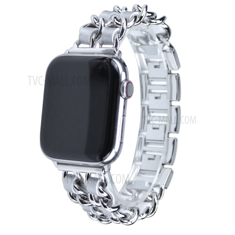 Metal + PU Leather Smart Watch Band Strap Replacement for Apple Watch Series 4/5/6/SE 44mm / Series 1/2/3 42mm - Silver-2
