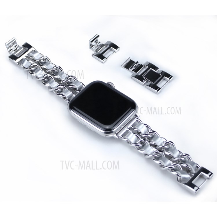 Metal + PU Leather Smart Watch Band Strap Replacement for Apple Watch Series 4/5/6/SE 44mm / Series 1/2/3 42mm - Silver-3