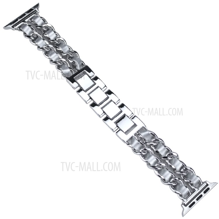 Metal + PU Leather Smart Watch Band Strap Replacement for Apple Watch Series 4/5/6/SE 44mm / Series 1/2/3 42mm - Silver-5