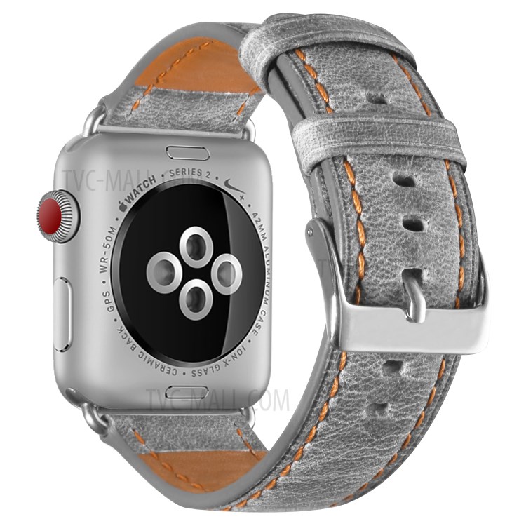 Crack Texture Genuine Leather Watch Strap for Apple Watch Series 3 2 1 42mm/Series 5 4 44mm - Grey-1