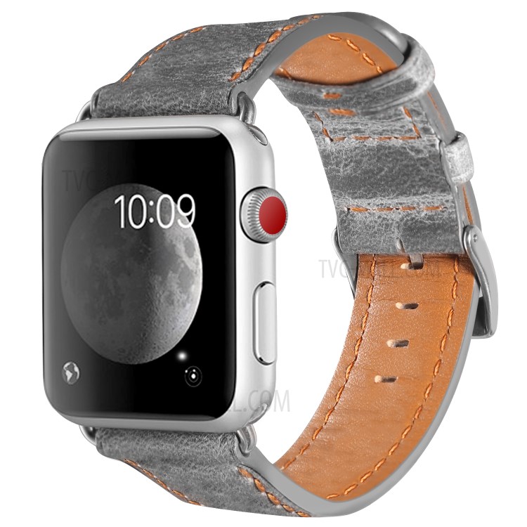 Crack Texture Genuine Leather Watch Strap for Apple Watch Series 3 2 1 42mm/Series 5 4 44mm - Grey-2