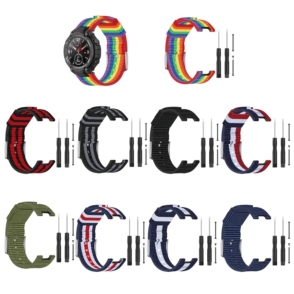 Rainbow Nylon Canvas Watch wit Installation Tool for Amazfit T-Rex - Black/Red/Black/Red/Black-11